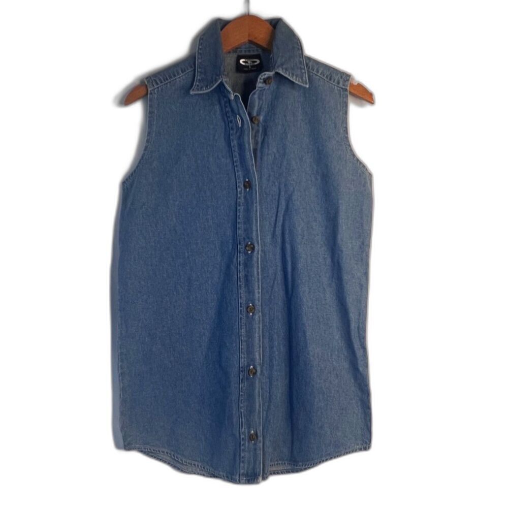 Three Rivers Denim Blue Sleeveless Button Front Cotton Denim Shirt Size‎ Small